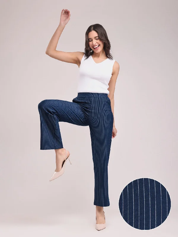 Slim Fit Pants for Women-LivIn Striped Wide Leg Pants - Navy