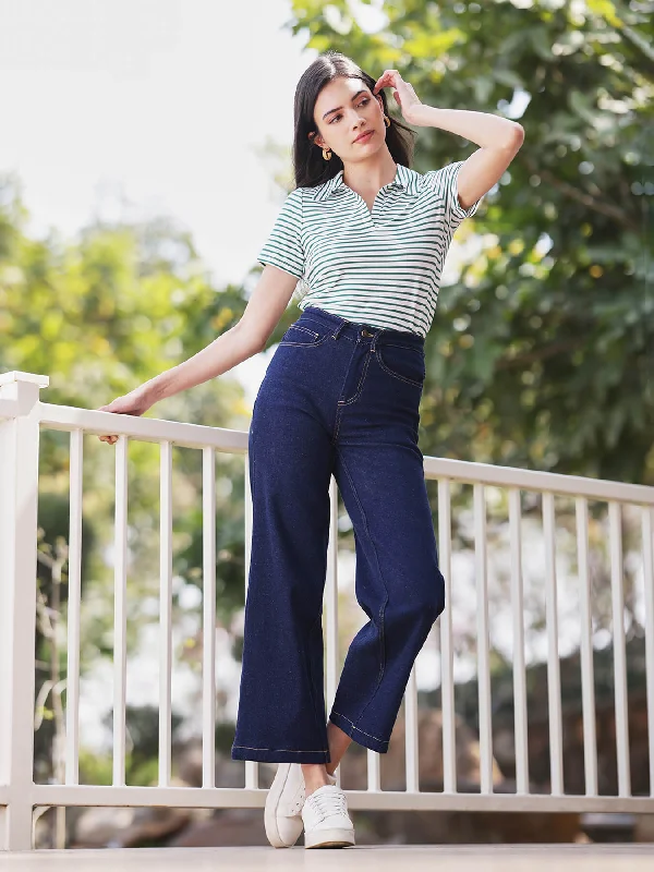 Stretch Pants for Women-Wide Legged Jeans - Navy Blue