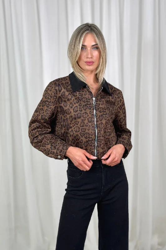 Heavy Jackets for Men-Kiera Crop Bomber Jacket In Leopard Print