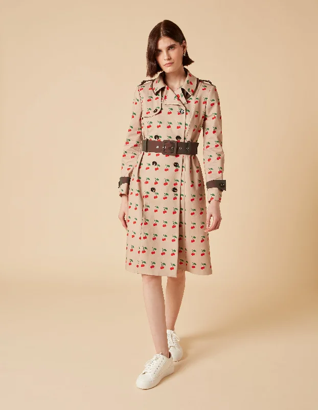 Party Jackets for Women-Andy Sand Cherry Print Trench Coat