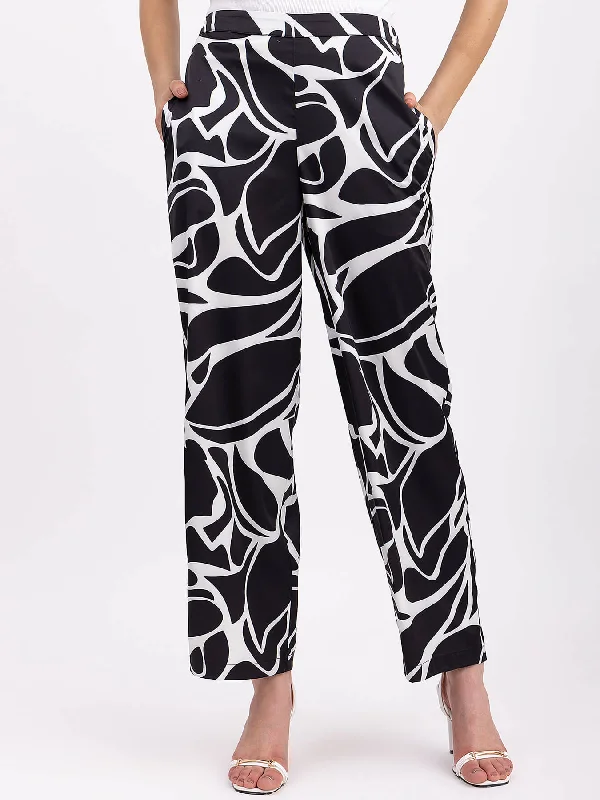 Jogger Pants for Women-Satin Wide-Legged Trouser - Black And White