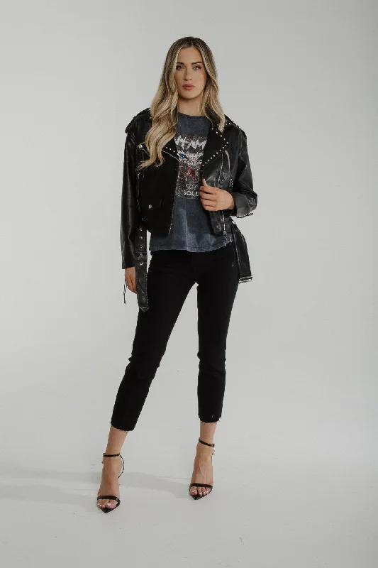 Logo Jackets for Women-Flynn Stud Trim Biker Jacket In Black