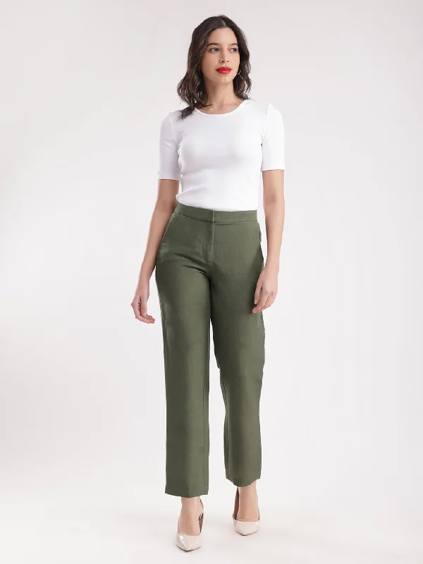 Contemporary Dance Pants for Women-Linen Elasticated Straight Trouser - Olive