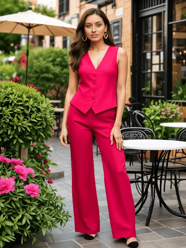 Linen Pants for Women-Wide Leg High Rise Trousers - Fuchsia