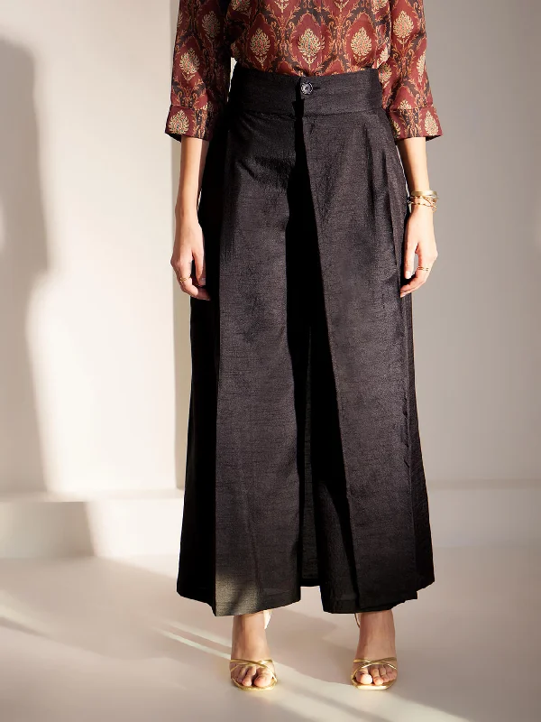 Edgy Pants for Women-Silk Blend Pleated Trouserss - Black