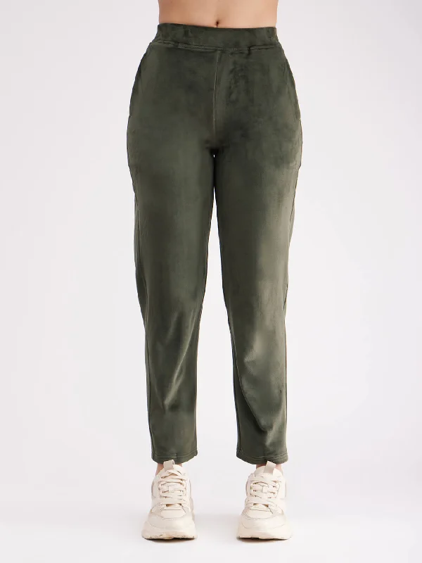 Linen Pants for Men-High Rise Fleece Trackpants - Olive