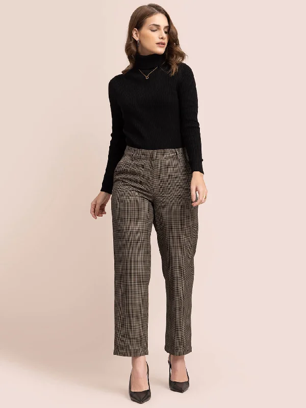 Business Casual Pants for Women-Cotton Straight Trousers - Brown and Black