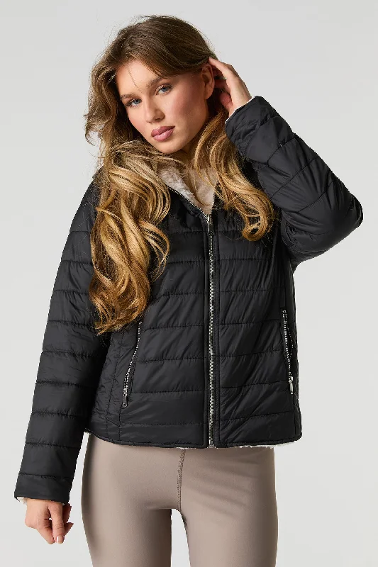 Denim Jackets for Women-Reversible Sherpa & Nylon Puffer Jacket