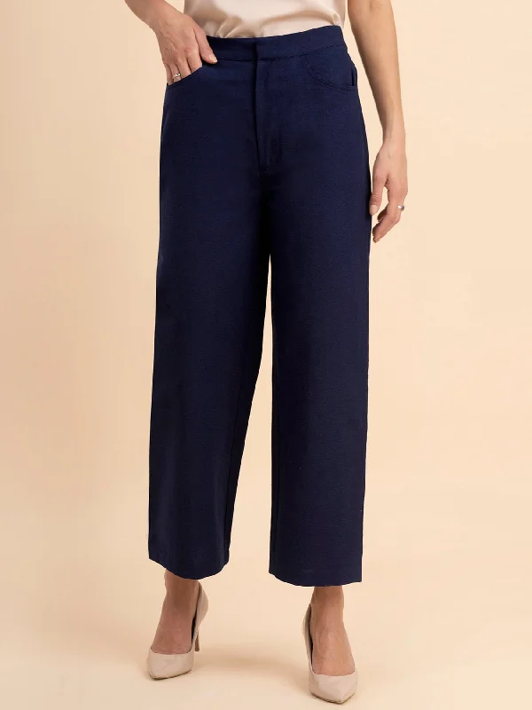 Drawstring Pants for Women-Linen Wide-Leg Trousers - Navy Blue