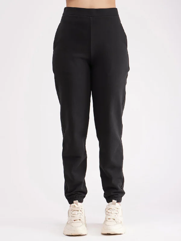 Fleece Lined Pants for Women-High Rise Cotton Trackpants - Black