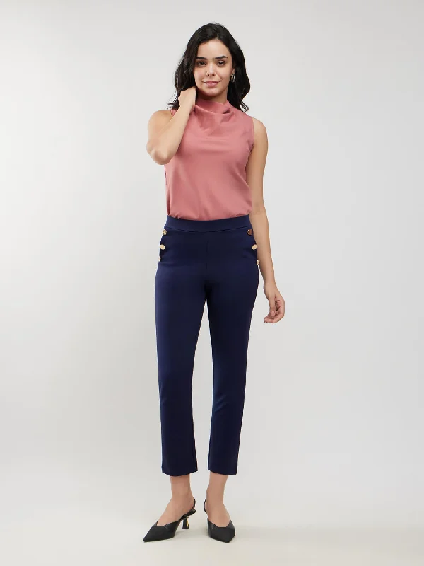 Denim Pants for Women-LivIn Straight Fit Pants With Buttons - Navy Blue