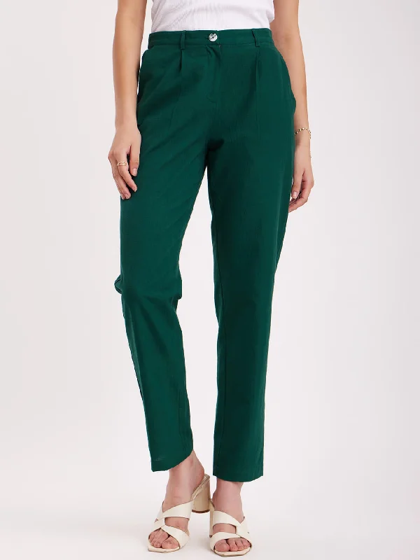 Casual Chic Pants for Women-Linen Straight Fit Trousers - Emerald Green