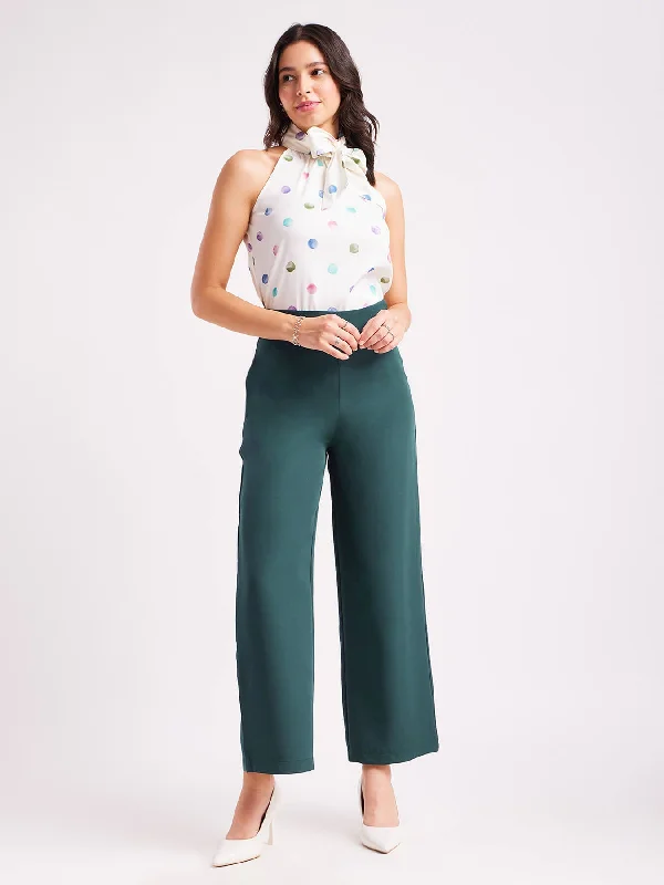 Earth Tone Pants for Women-High Waist Wide Leg  Trousers - Bottle Green