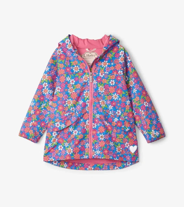 Branded Jackets for Women-Hatley Girl Retro Floral Waterproof Rain Jacket, Pink Multi