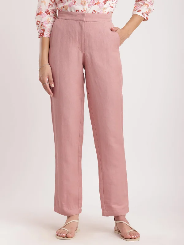 Party Pants for Women-Linen Elasticated Straight Fit Pants - Dusty Pink