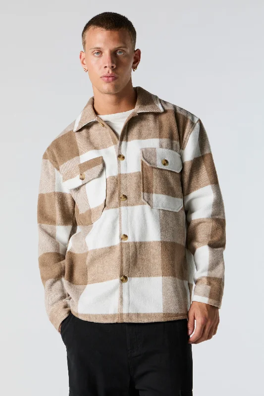 Embroidered Jackets for Men-Plaid Button Front Shacket