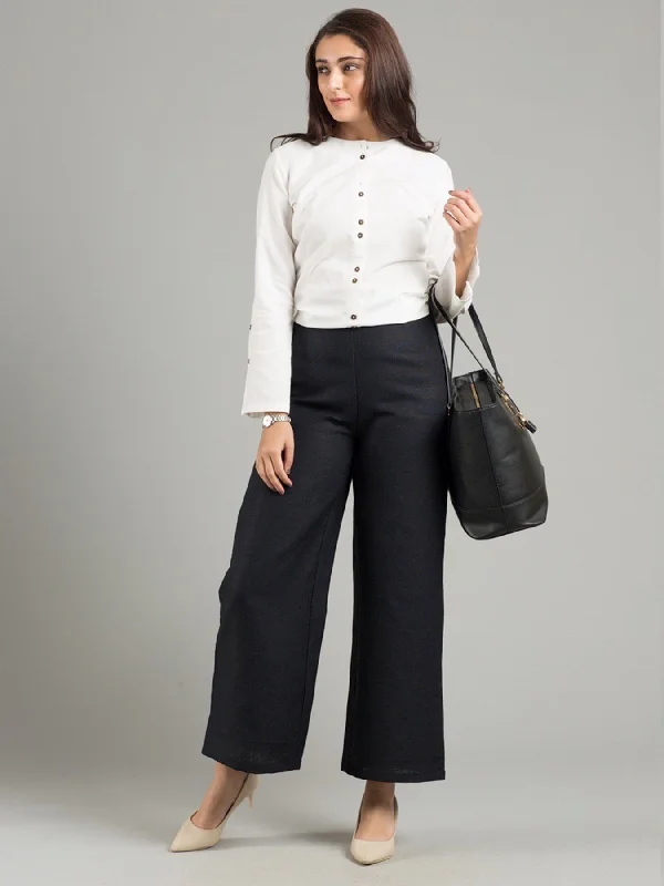 Color Block Pants for Women-Linen Wide Leg Culottes With Belt - Black