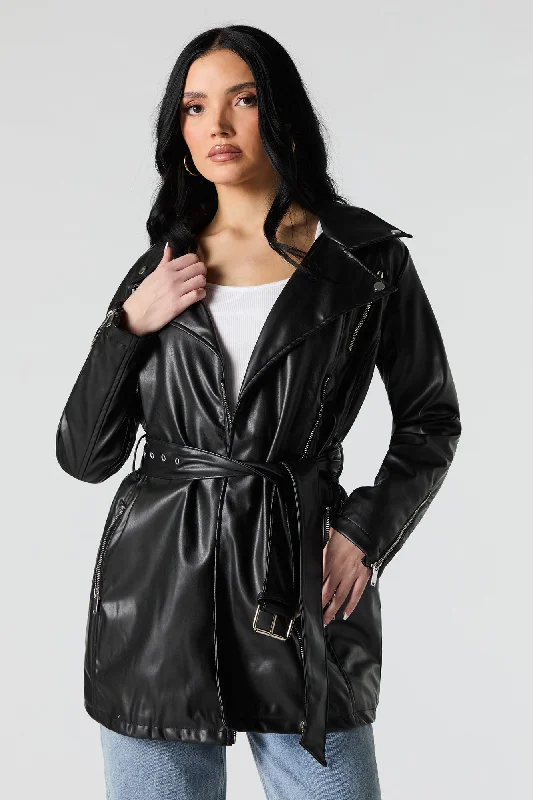 Leather Jackets for Women-Faux Leather Trench Coat