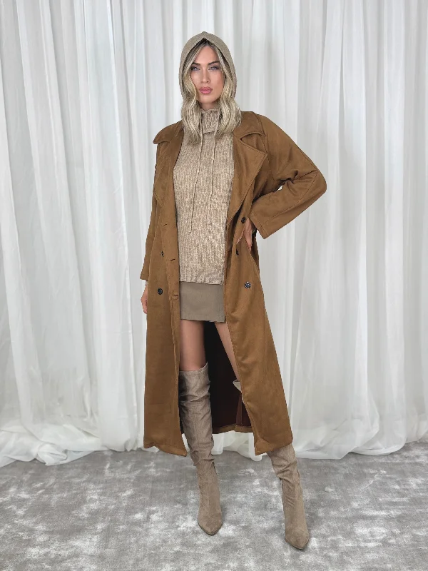 Embroidered Jackets for Women-Caitlyn Faux Suede Trench Coat In Camel