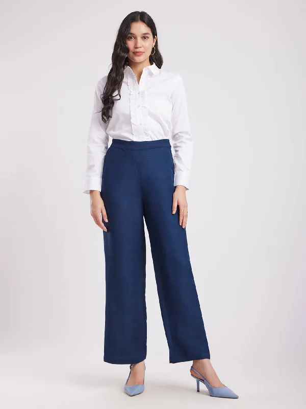 Floral Print Pants for Women-Linen Elasticated Wide Leg Trouserss - Navy Blue