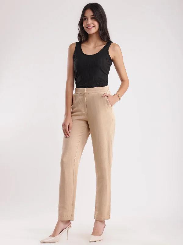 Korean Style Pants for Women-Linen Elasticated Straight Fit Pants - Beige