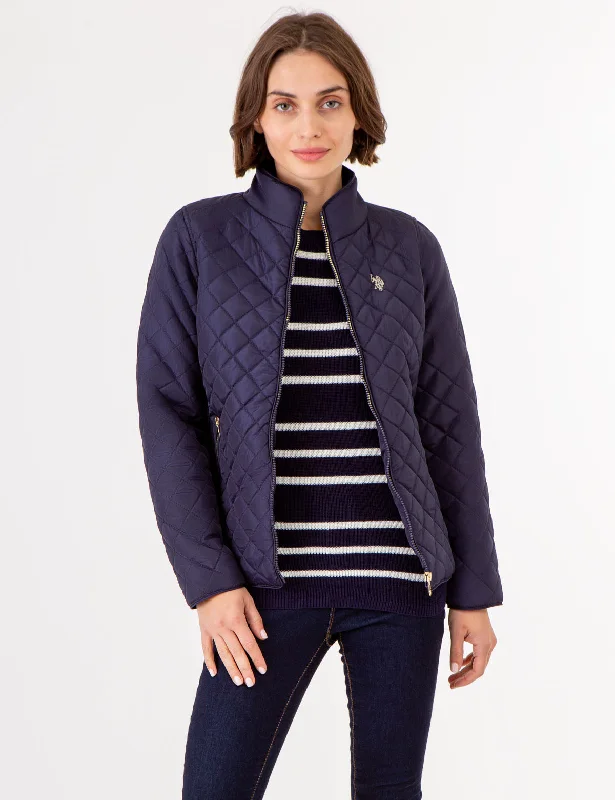 School Jackets for Women-QUILTED SIDE KNIT MOTO JACKET