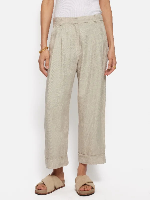 Camping Pants for Women-Italian Linen Turn Up Trouser | Stone