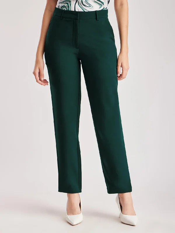 Wide Leg Pants for Women-Straight Fit Mid Rise Trousers - Bottle Green