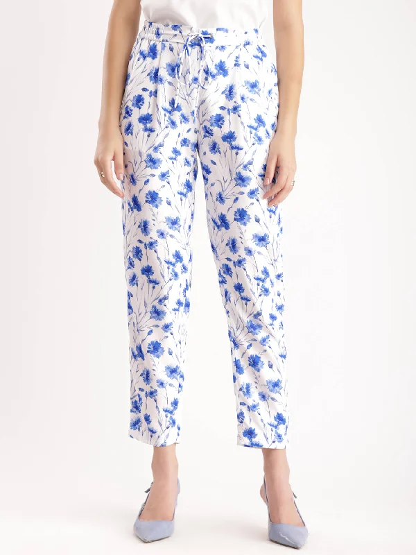 Boho Pants for Men-Floral Straight Pants - Blue And White