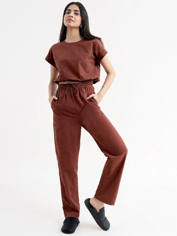 Track Pants for Women-Linen Drawstring Trousers - Brown