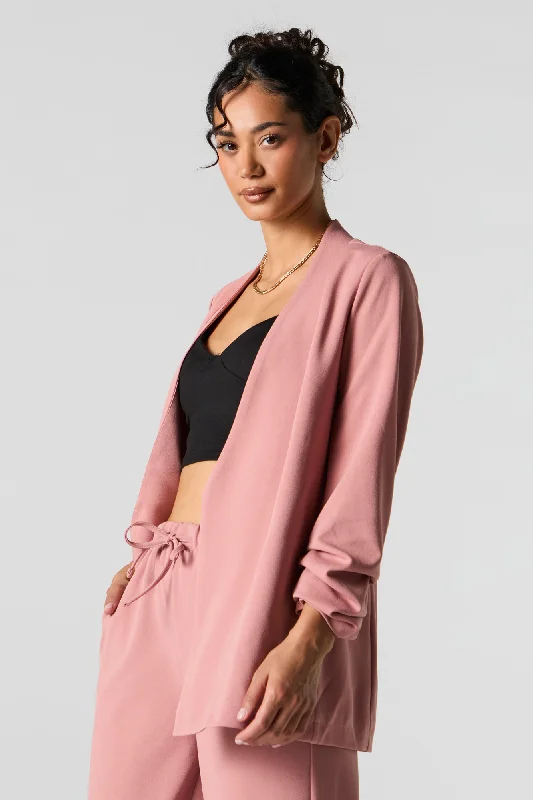 Spring Jackets for Women-Open Front Scrunch Sleeve Blazer