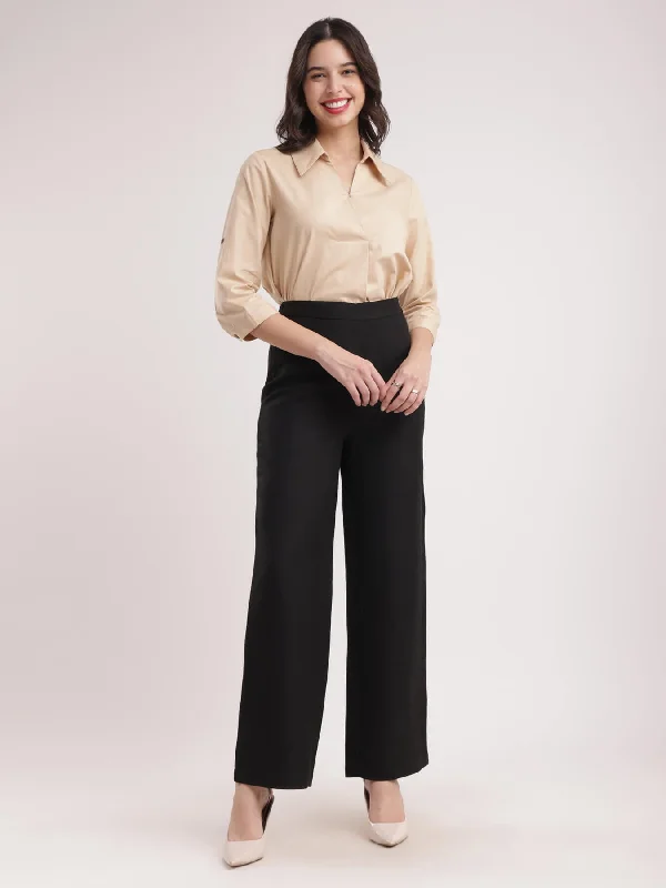 Monochrome Pants for Women-Linen Elasticated Wide Leg Trouser - Black