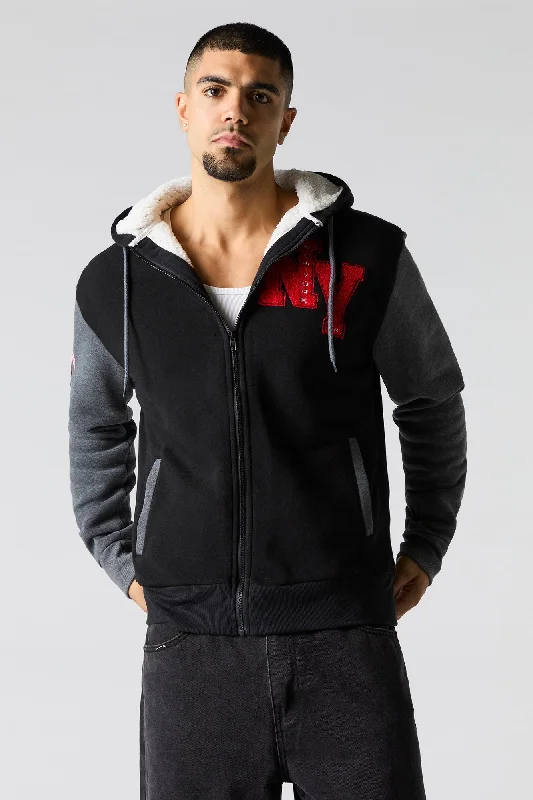 Promotional Jackets for Men-Chenille Embroidered Faux Fur Lined Zip-Up Hoodie