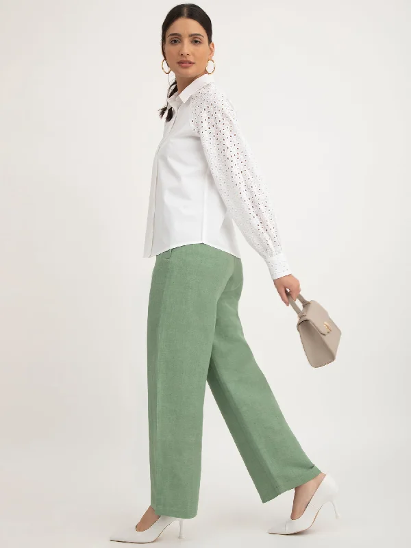 Japanese Style Pants for Women-Linen Elasticated Wide Leg Pants - Sap Green