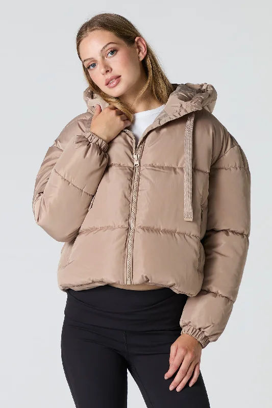 Summer Jackets for Women-Drawstring Hood Puffer Jacket