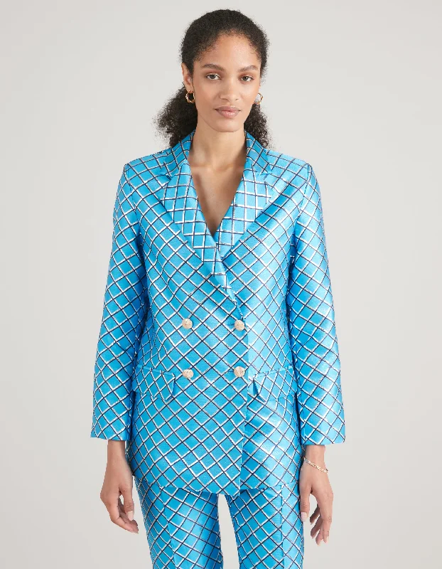 Stylish Jackets for Women-Freya Blue Mesh Print Jacquard Jacket