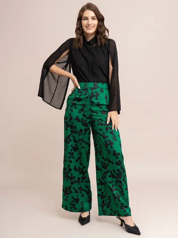 Sweatpants for Women-Satin Floral Print Trousers - Green And Black