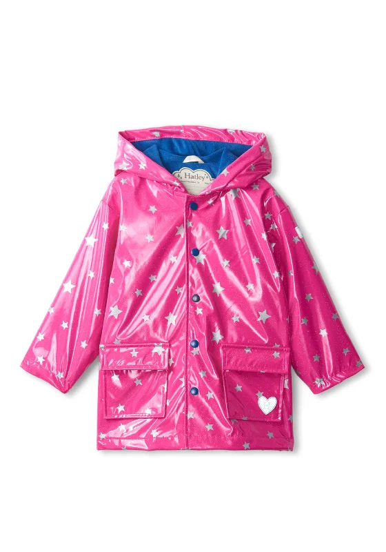 Custom Jackets for Women-Hatley Mini Girls Glitter Stars Raincoat, Raspberry Rose