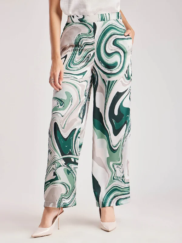 Drawstring Pants for Men-Marble Print Wide Leg Trousers - Green And Grey