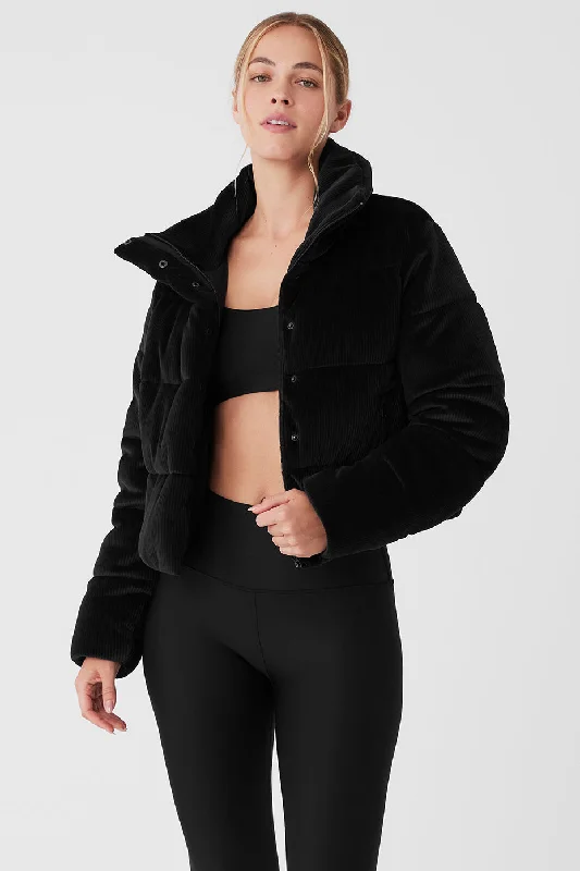 Party Jackets for Women-Ribbed Velour Gold Rush Puffer - Black