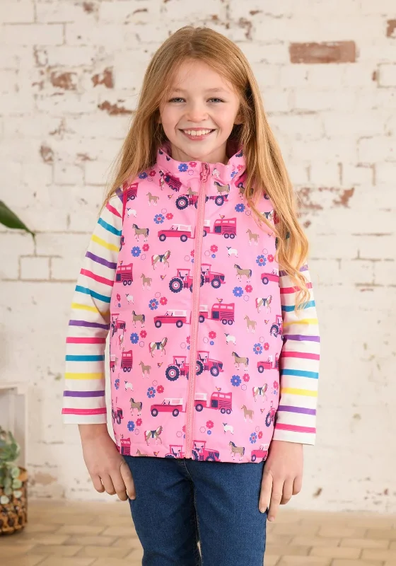 Festival Jackets for Women-Little Lighthouse Girl Alex Waterproof Farm Print Gilet, Blush Pink