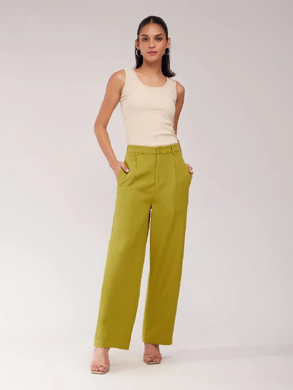 Punk Pants for Women-Single Pleat Wide Leg Trousers - Green