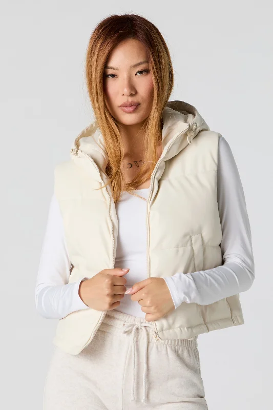 Halloween Jackets for Women-Faux Leather Hooded Puffer Vest