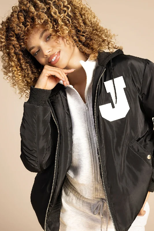 Faux Leather Jackets for Women-Letter Chenille Embroidered Bomber Jacket