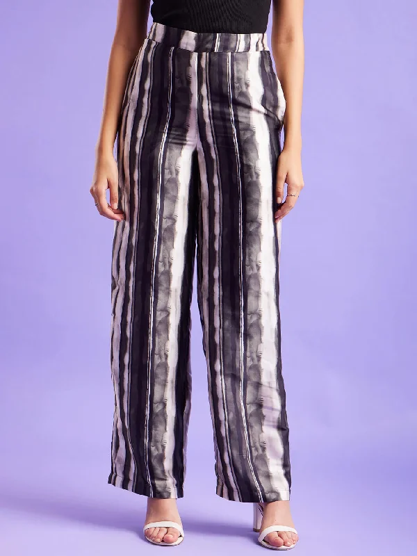 Running Pants for Women-Marble Print Wide Leg Trousers - Black And White