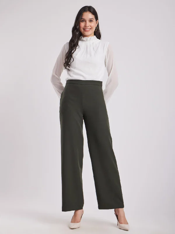 Retro Pants for Women-Wide Leg Pants - Olive