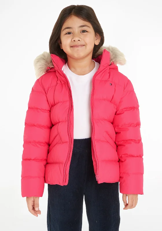 Edgy Jackets for Women-Tommy Hilfiger Older Girls Essentials Down Fur Puffer Jacket, Hot Magenta