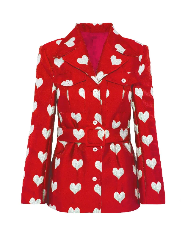 Minimalist Jackets for Women-Lucille Red Heart Print Silk Jacquard Jacket