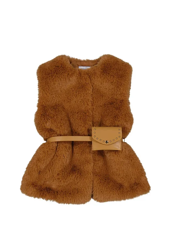 University Jackets for Women-Mayoral Mini Girl Faux Fur Vest with Belt, Tan