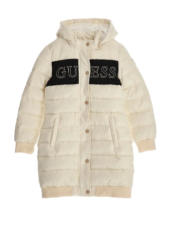 Streetwear Jackets for Women-Guess Girls Logo Hooded Puffer Coat, Cream